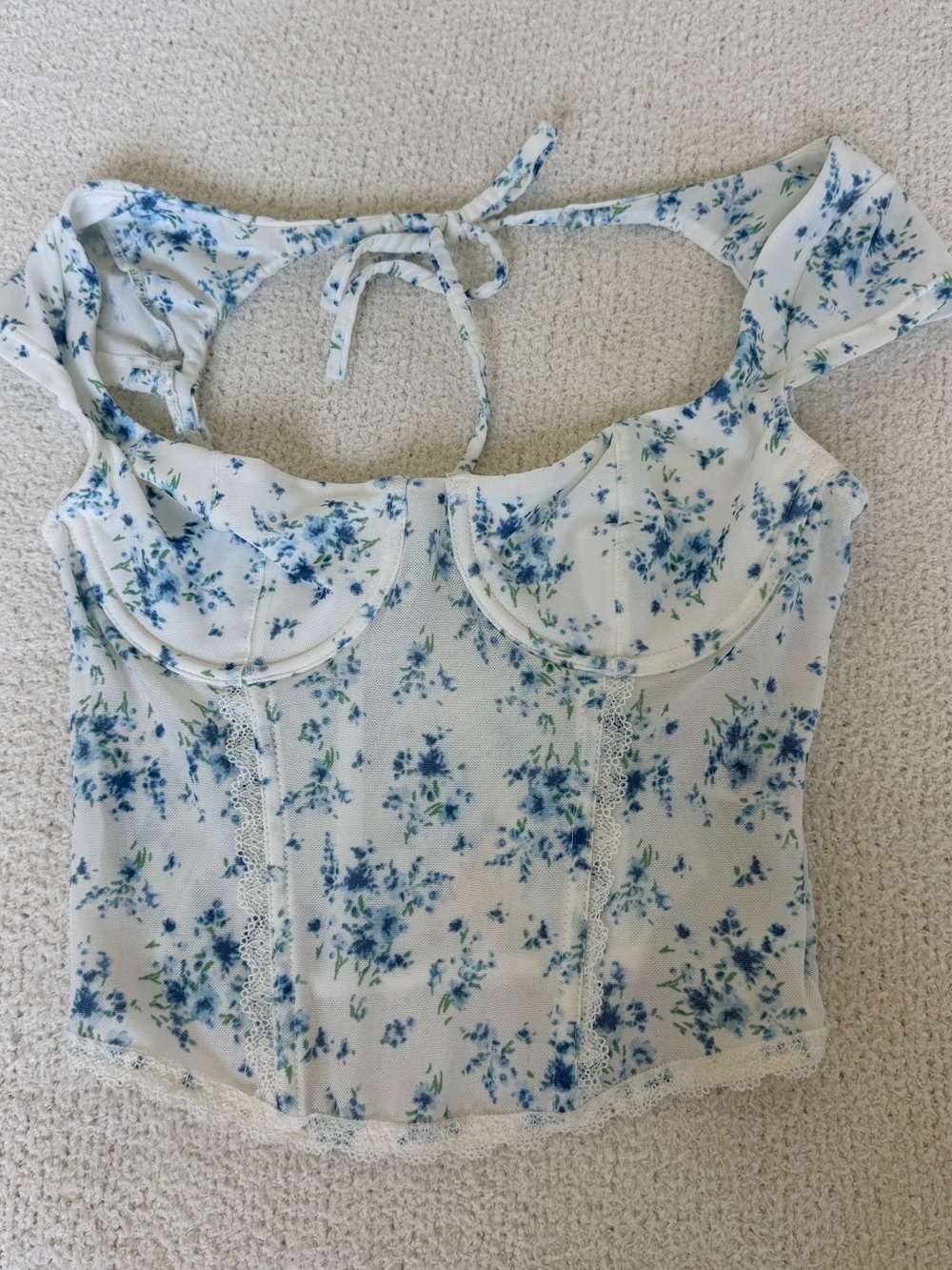 White & Blue Floral Sweetheart Corset Top - Women